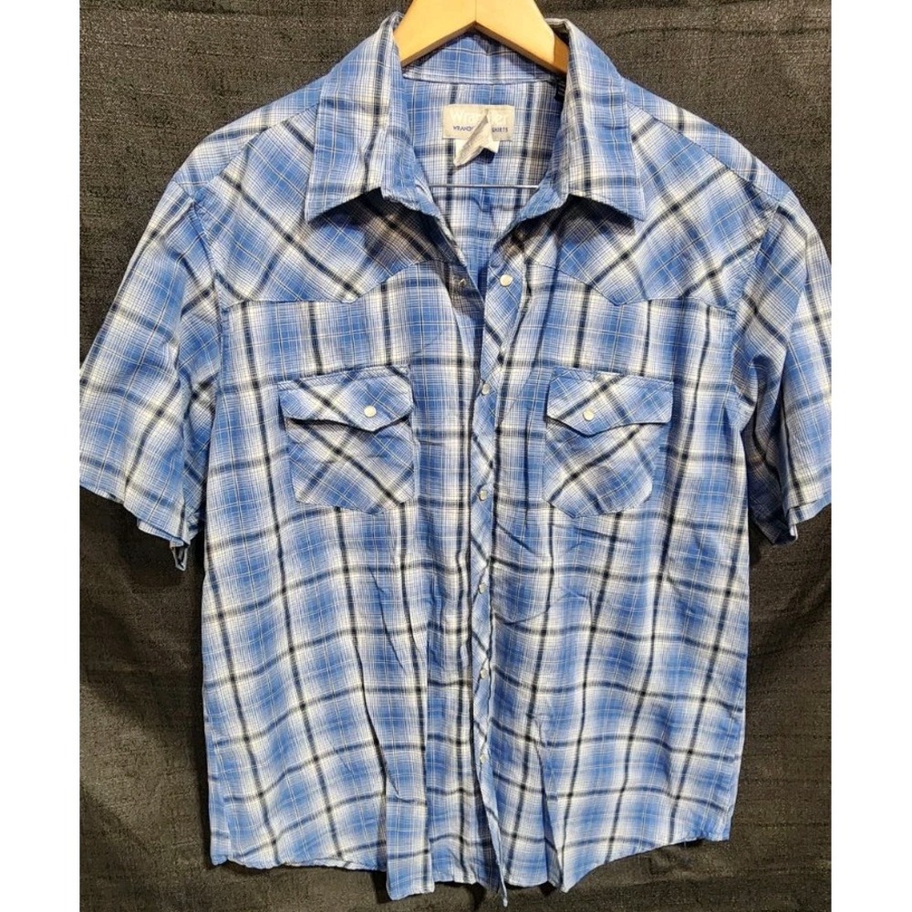 Wrangler Shirt Mens XL Blue Plaid Pearl Snap Western Cowboy Short Sleeve Ranch